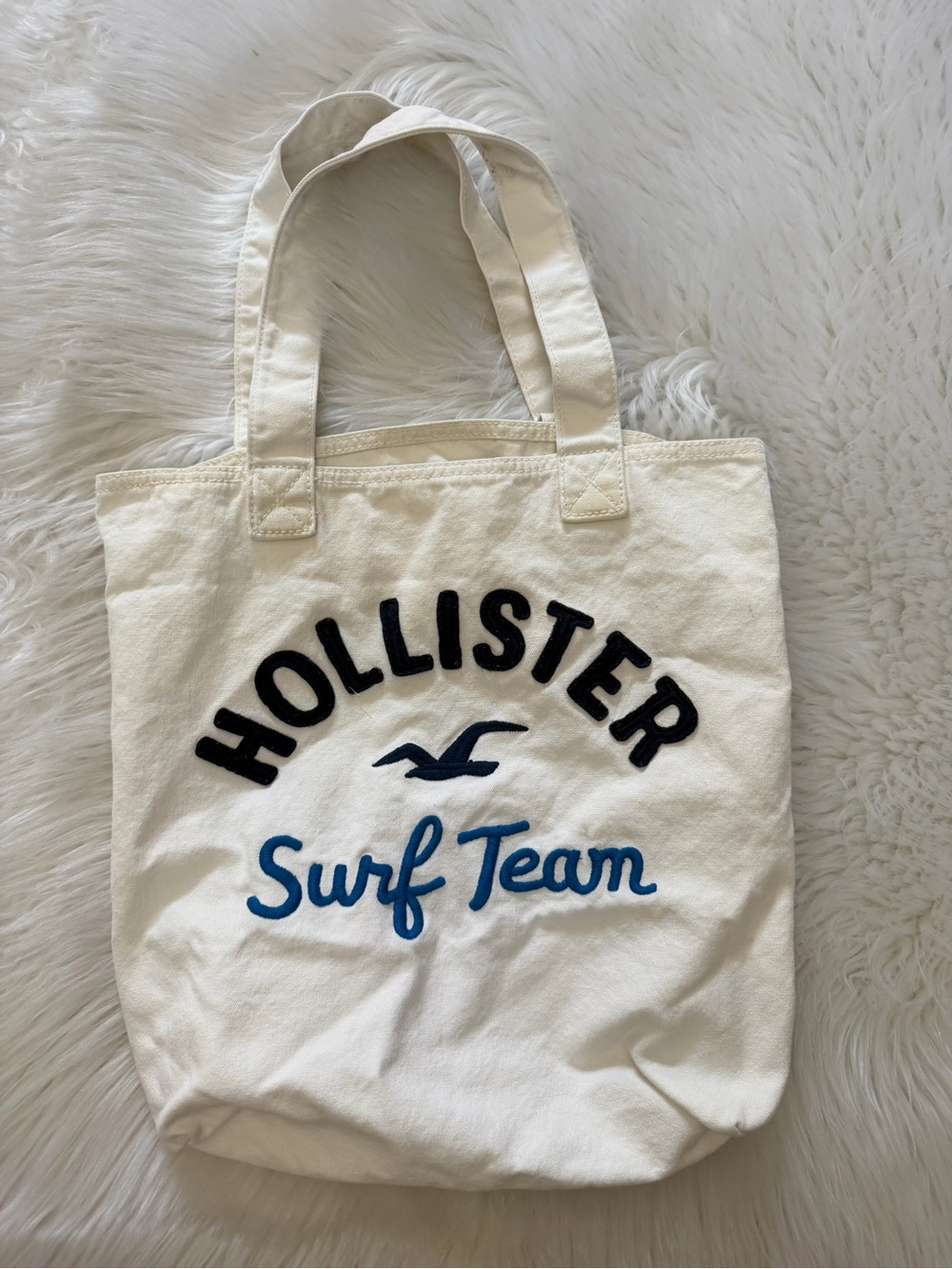 Hollister Cream Canvas Tote with Navy & Blue Embroidery